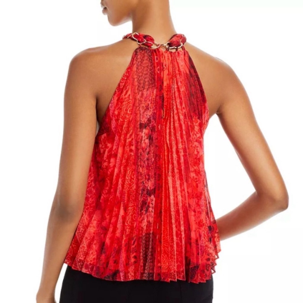Alice + Olivia Red Pleated Halter Cami with Chain Detail